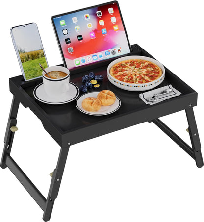Bed Tray Table with Handles Folding Legs,Bamboo Breakfast Food Tray with Media Slot,Use As Platter,Laptop Desk,Snack,TV Tray Kitchen Serving Tray Black Large