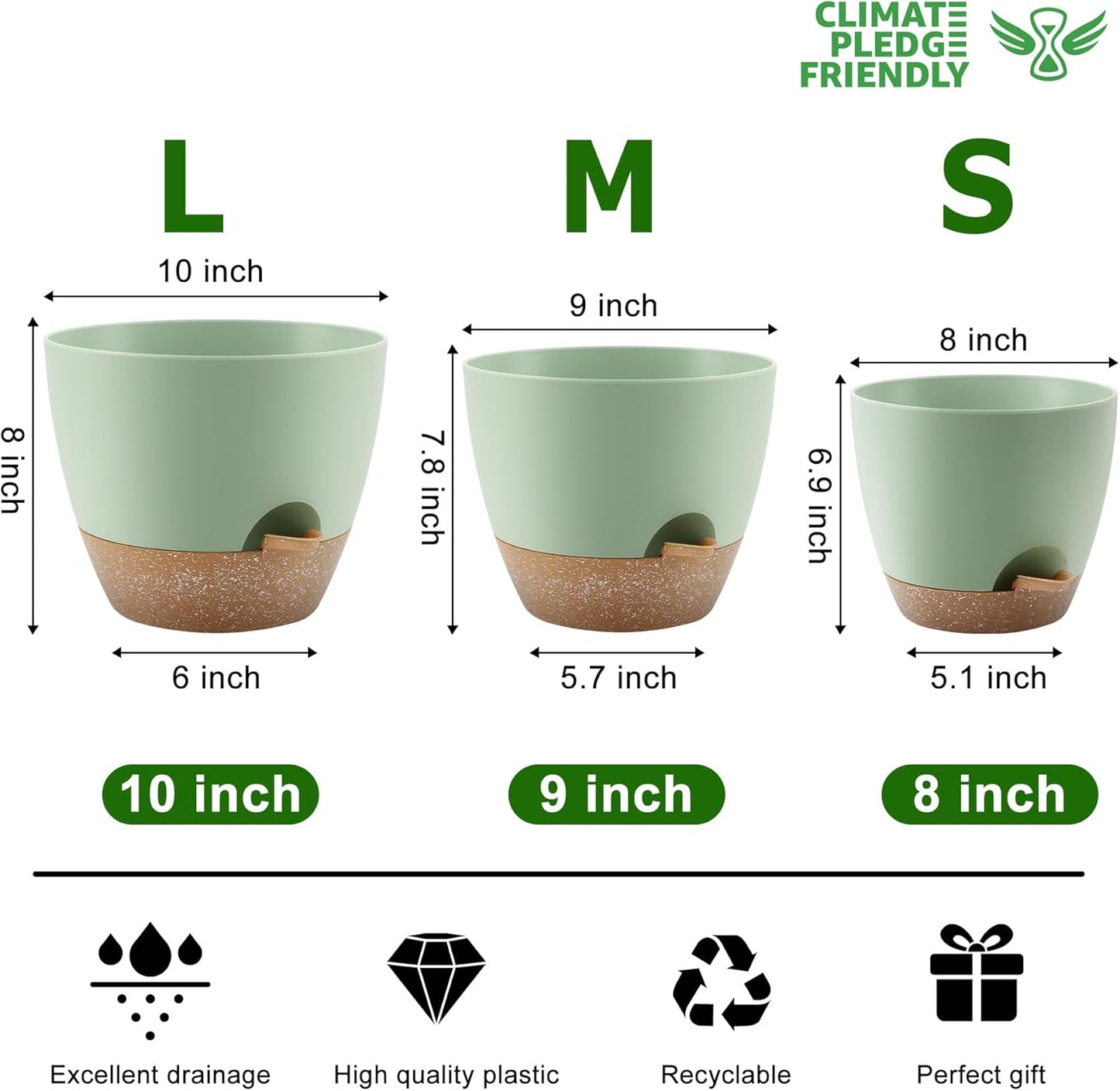 QRRICA Plant Pots 10/9/8/7.5/7 Inch Self Watering Pots, Set of 5 Plastic Planters with Drainage Holes and Saucers,Plastic Flower Pots,Nursery Planting Pot for Indoor Out Door Plants（Green）
