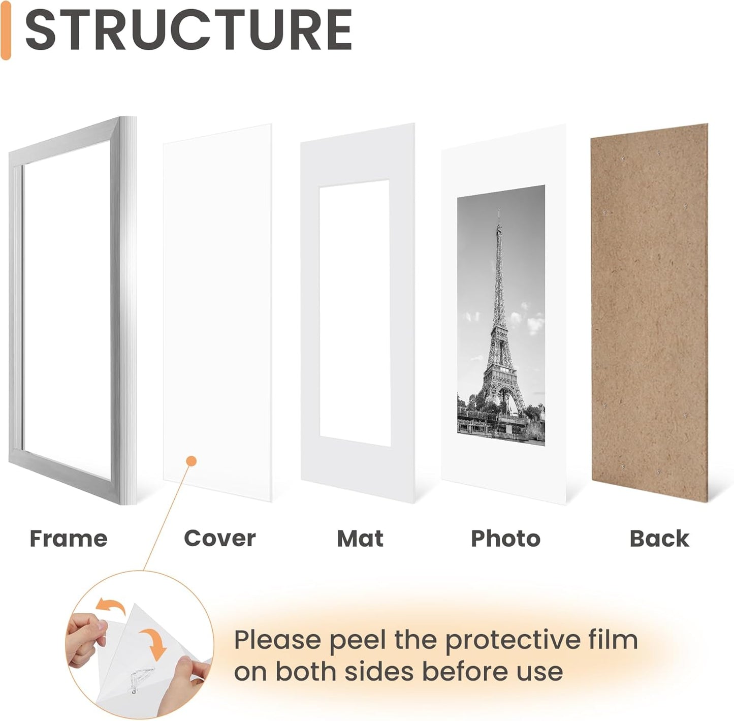 upsimples 11x14 Picture Frame Set of 5, Display Pictures 8x10 with Mat or 11x14 Without Mat, Wall Gallery Photo Frames, Black