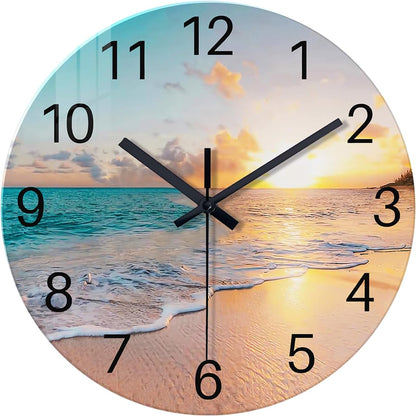 Beach Wall Clock Battery Operated 12 Inch Glass Wall Clock Non Ticking Analog Blue Wall Clocks for Bedroom Living Room Office Decor