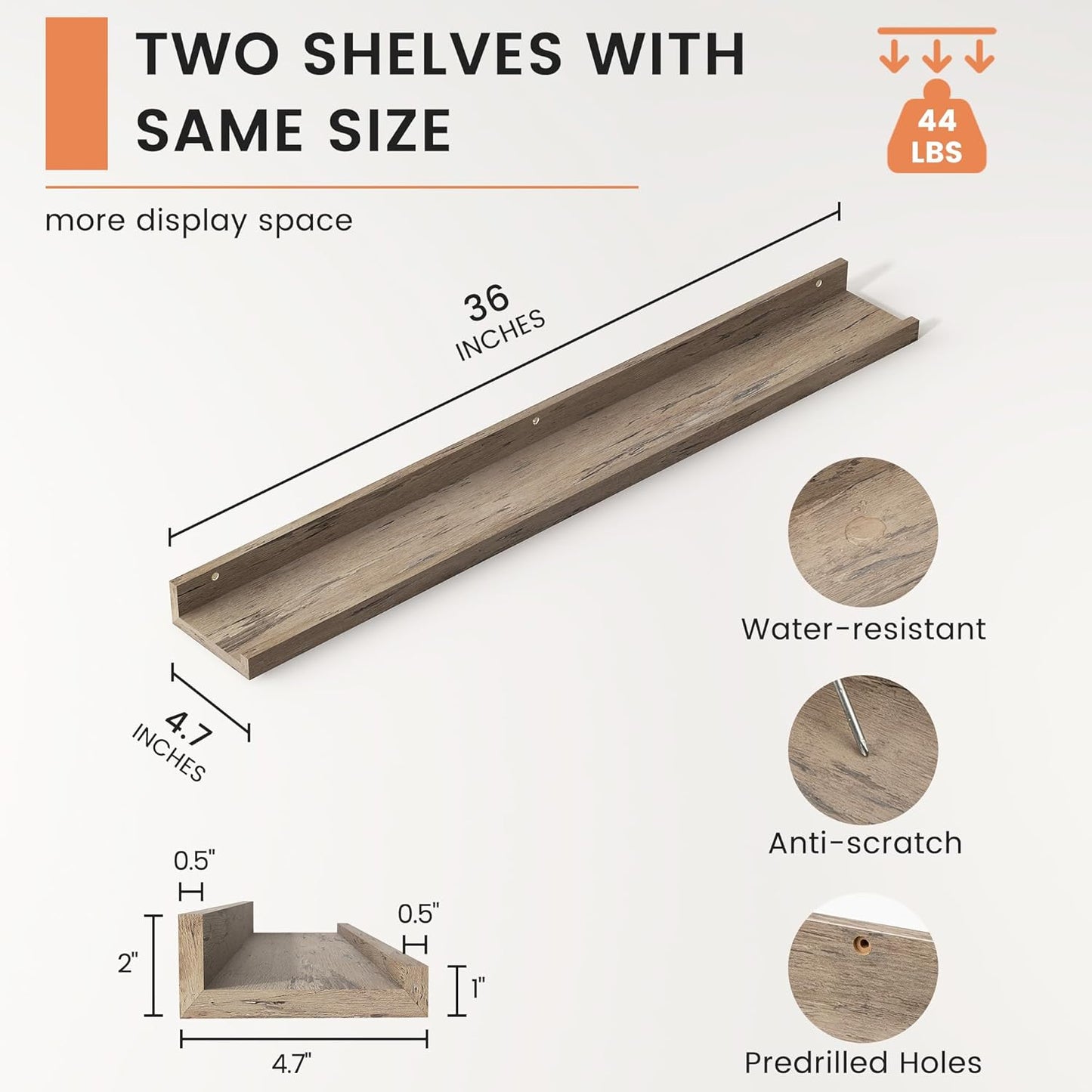 FLYJOE Picture Ledge Shelf, Floating Shelves Set of 2, 48 Inches Long Large Nursery Book Shelves for Toys Storage, Kids Bookshelf Wall Mounted for Living Room Bedroom Decor Books Photo Frames, Walnut