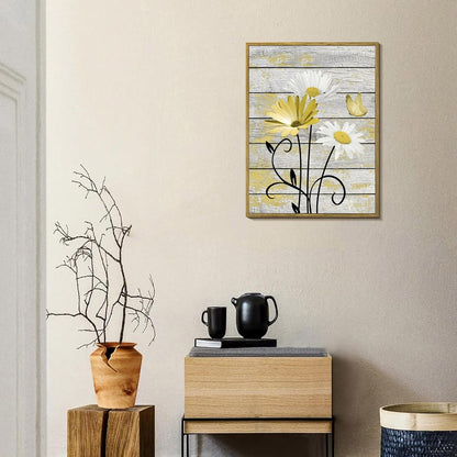 HVEST Farmhouse Floral Wall Art for Living Room, Blue and White Daisy Flower and Butterfly on Rustic Wood Board Canvas Wall Art Framed Artwork Ready to Hang for Bathroom Bedroom Decor, 16L X 12W