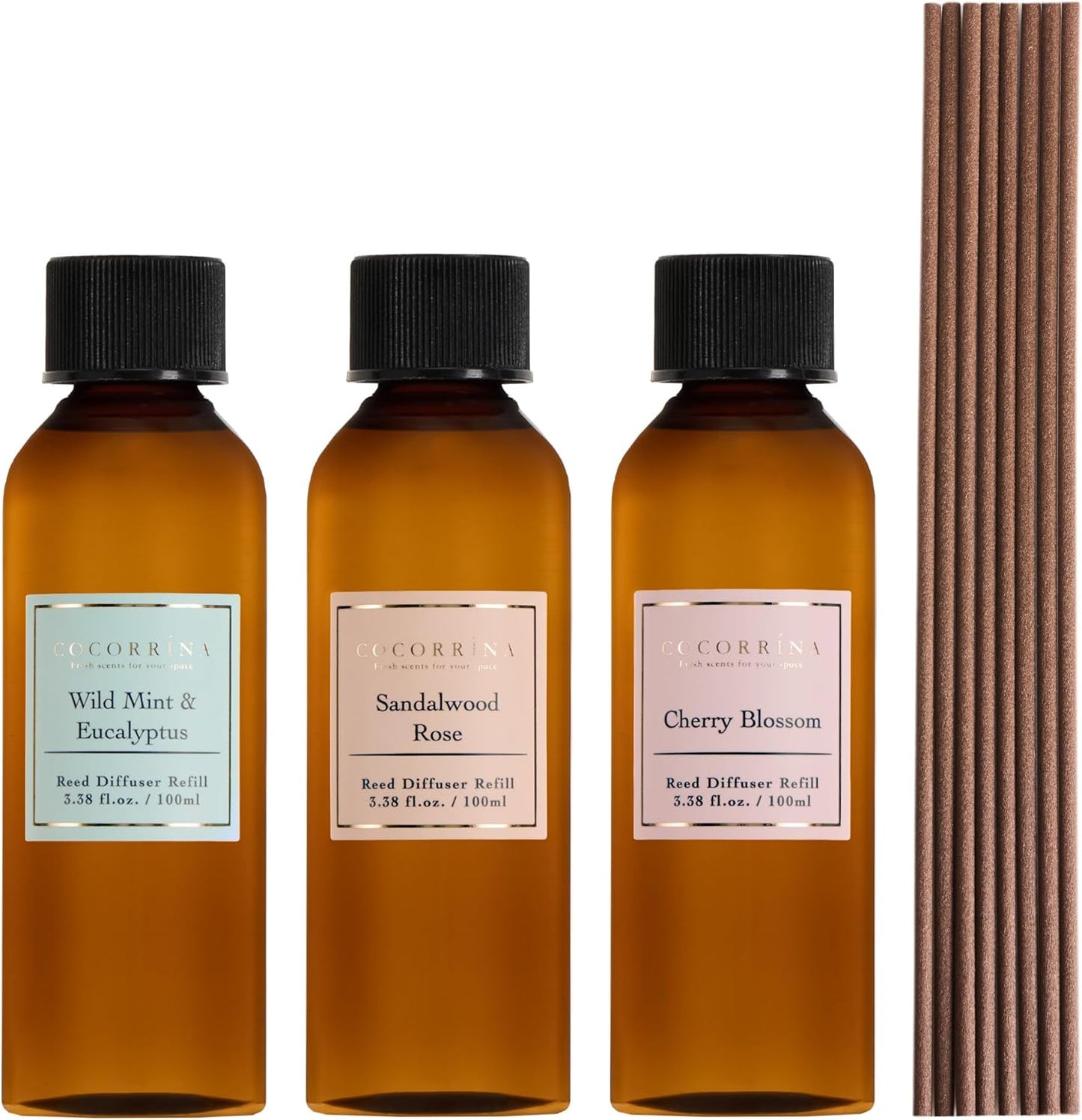 COCORRÍNA Reed Diffuser Set, 10.2oz Scented Oil Refill 3 Pack, Cashmere Vanilla, Ocean Mist, Lavender Garden, Long Lasting Oil Diffuser Refill with 18 Sticks for Bathroom & Bedroom
