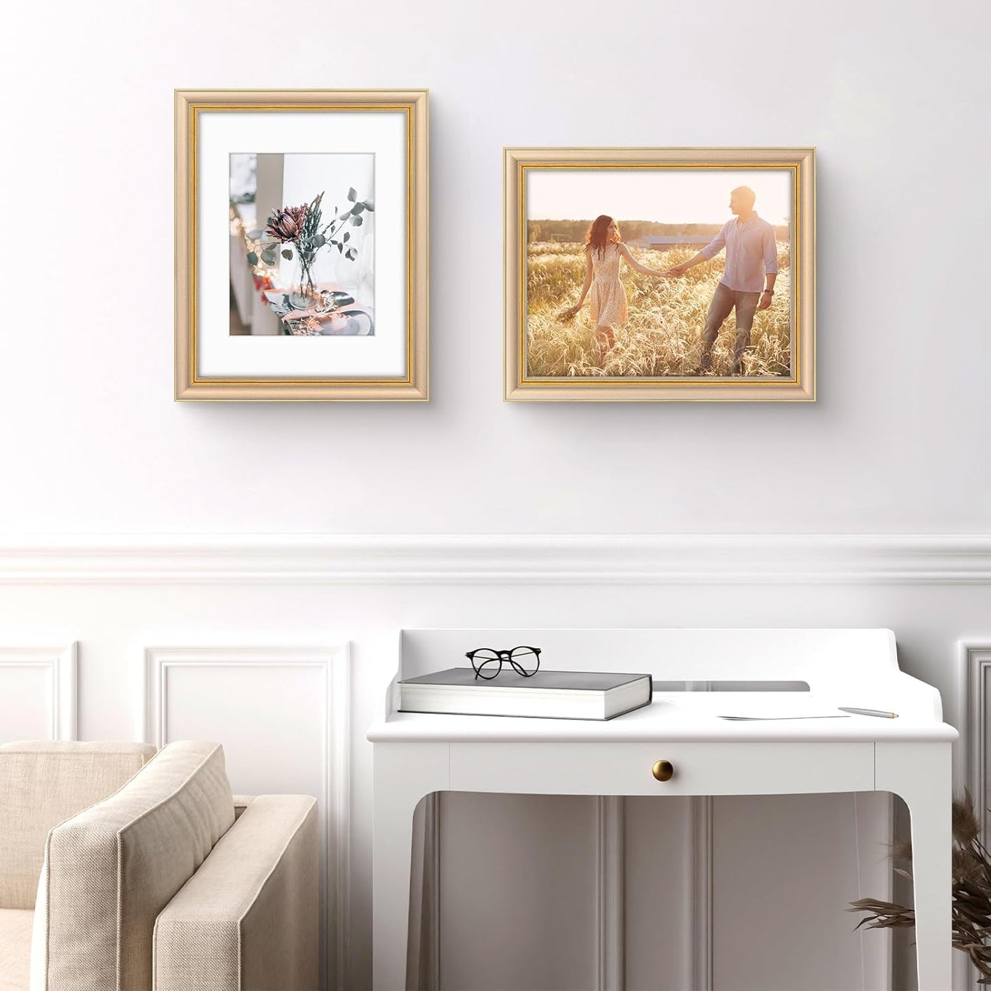 Golden State Art,11x14 Ornate Picture Frame for 8x10 Photo with Mat or 11 x 14 Prints without Mat,Real Glass Wall Display(Color:Green Gold)