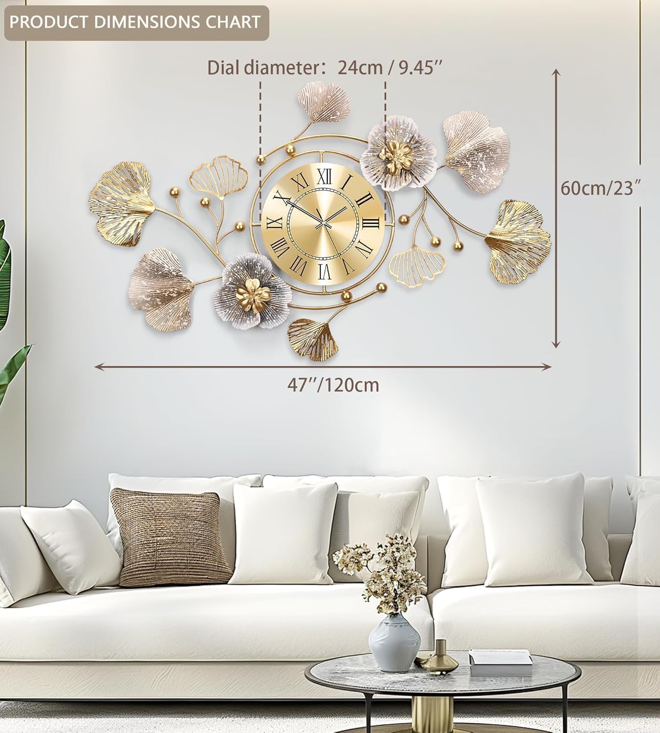 Clocks for Living Room, Large Wall Clock, 3D Silent Wall Clock, Retro Metal Ginkgo Leaf Design, for Bedroom Kitchen Decorative Wall Clocks（32''x18'' ）