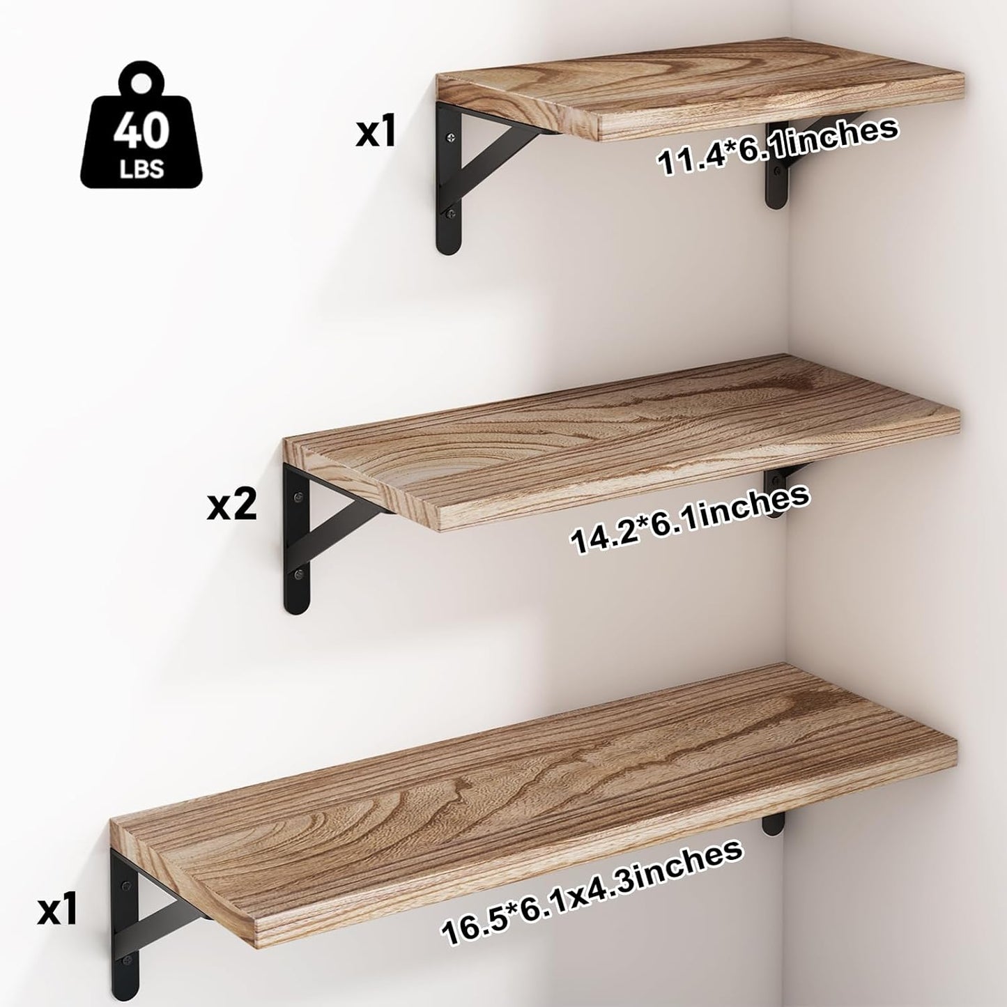 YGEOMER Floating Shelves for Wall, Different Sizes Dark Carbonized Brown Wall Shelves for Living Room, Bathroom, Bedroom, Kitchen, Home Decor (Set of 4)
