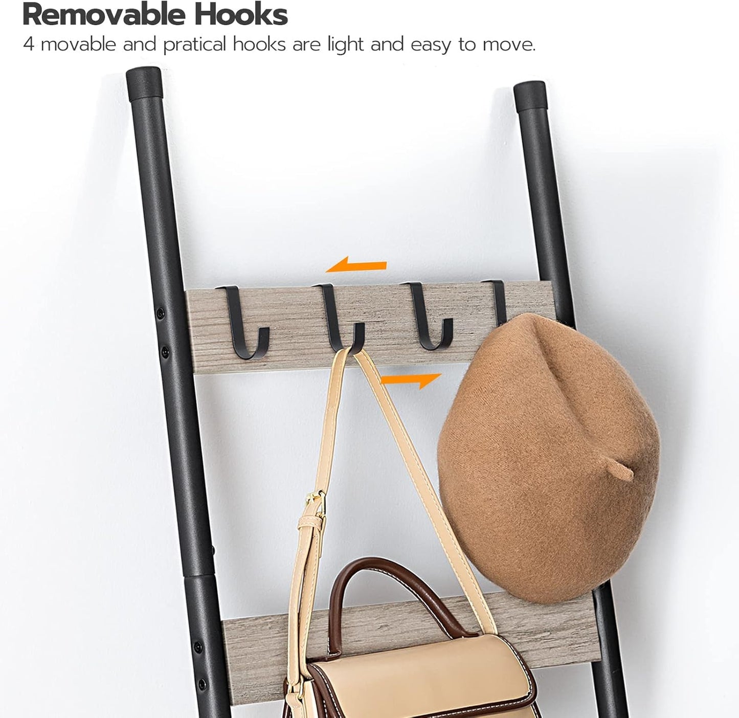 HOOBRO Blanket Ladder, 5-Tier Towel Rack with Hooks, Wall-Leaning Blanket Rack, Decorative Display Ladder Shelf, for Scarves, Industrial, Living Room, Bedroom, Rustic Brown and Black BF52CJ01