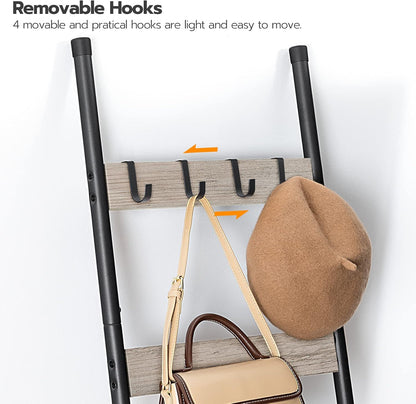 HOOBRO Blanket Ladder, 5-Tier Towel Rack with Hooks, Wall-Leaning Blanket Rack, Decorative Display Ladder Shelf, for Scarves, Industrial, Living Room, Bedroom, Rustic Brown and Black BF52CJ01