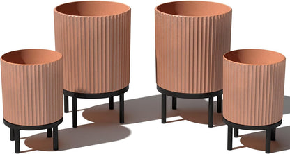 Veradek Demi Series Round Planter w/ Stand for Porch/Patio | Durable Plastic-Concrete & Wooden Stand | Modern Décor for Tall Plants, Flowers