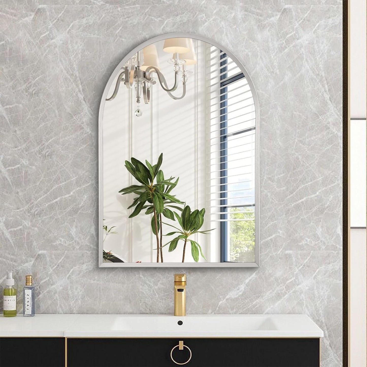 Black Arched Mirror, Modern Bathroom Wall Mirror Aluminum Alloy Framed Mirror Brushed Metal Vanity Wall Mounted Mirror for Livingroom Bedroom Entryway Room 16"x12"