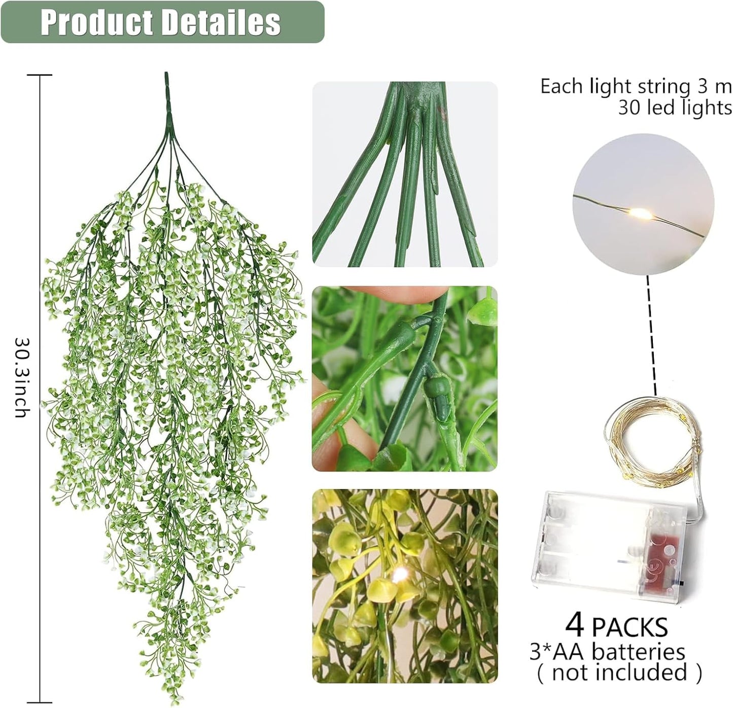 RECUTMS Fake Hanging Plants Artificial Ferns for Outdoor Hanging Faux Plants Vine Ivy Faux Fern Hanging Vines Wall Plants for Home Garden Party Wedding Decor (White 4P)