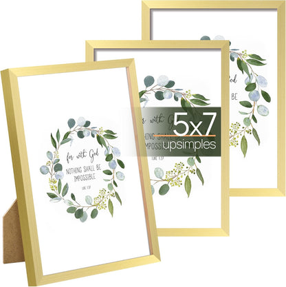 upsimples 5x7 Picture Frame Set of 3, Made of High Definition Glass for 5 x 7 Black Frames, Wall and Tabletop Display Thin Border Photo Frame for Home Décor