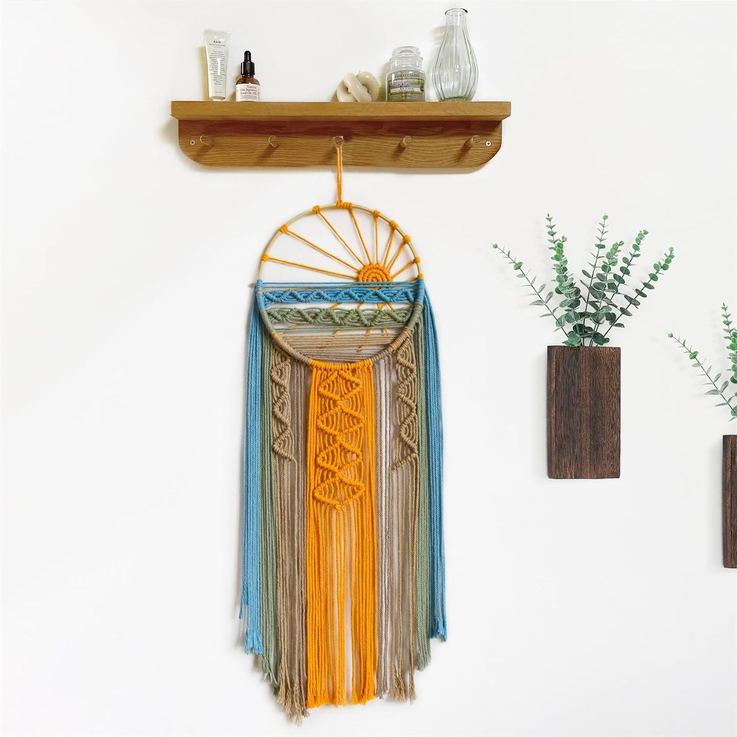 LB Boho Macrame Wall Hanging - Green and Beige Handmade Cotton Woven Decor, Modern Geometric Bohemian Tapestry Wall Decor for Bedroom Living Room Home (31.5"x9.84") Nature-Inspired Room Decor