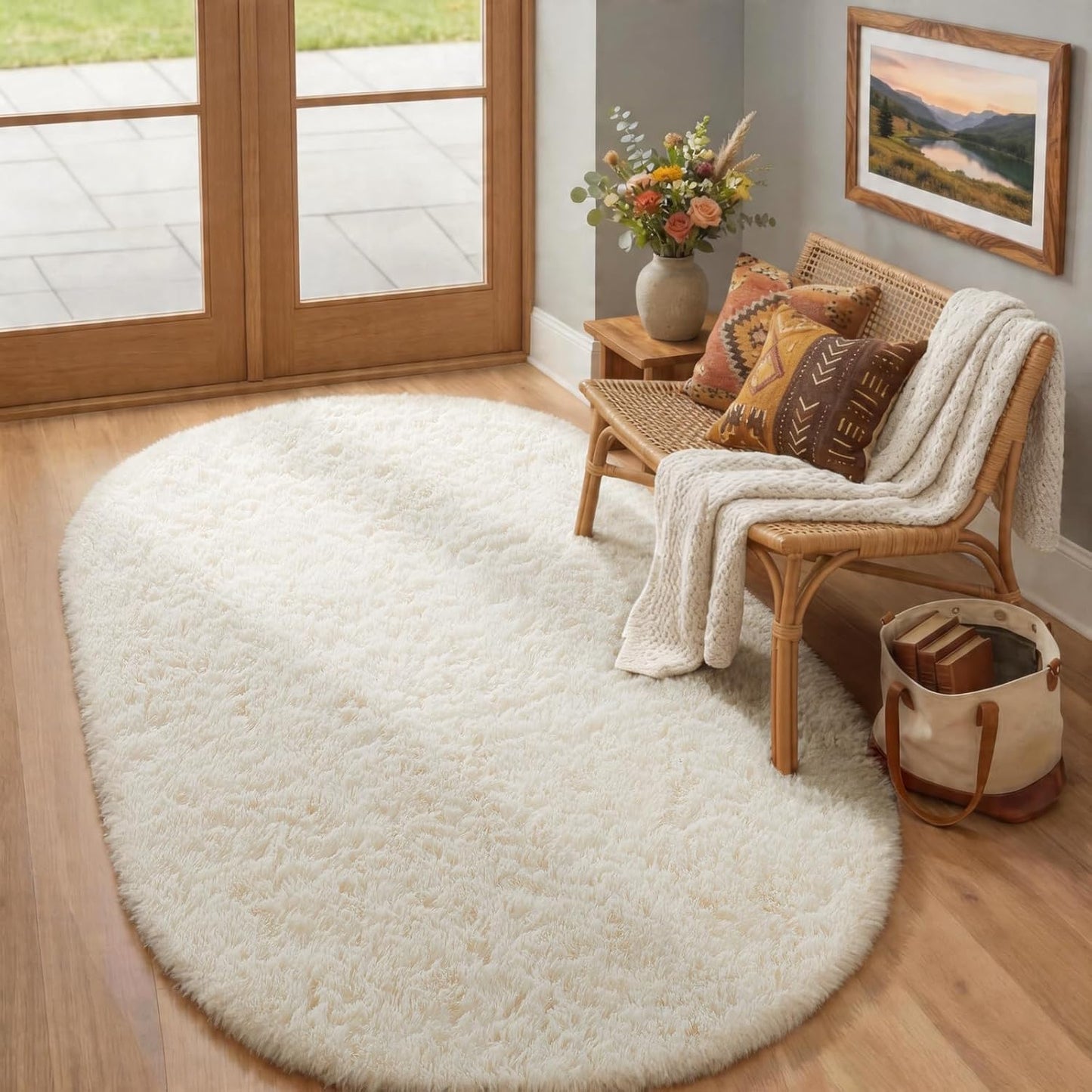 Ophanie Round Rugs 5Ft Ivory Circle Area Rug, Nursery Room Decor, Christmas Aesthetic Bedroom Home Circular Carpet 5 Foot, Fluffy Fuzzy Shag Plush Cream Living Room Rugs for Kids Boys Girls Teen Baby