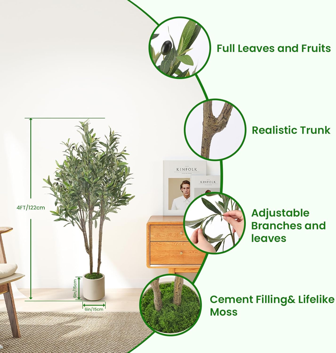 Alupssuc 5ft Olive Trees Artificial Indoor & Outdoor, Faux Olive Tree with Lively Artificial Trunk and Lifelike Fruits, Fake Potted Tree for Modern Home Office Living Room Decor