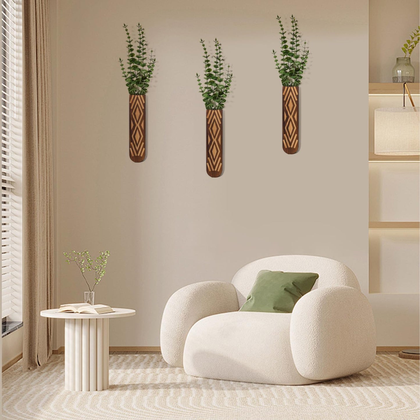 Wooden Wall Planter Set of 4 - Modern Home Decor for Living Room, Bedroom, Bathroom - Walnut Finish Planter for Dried Flowers, Faux Greenery, Indoor Plants