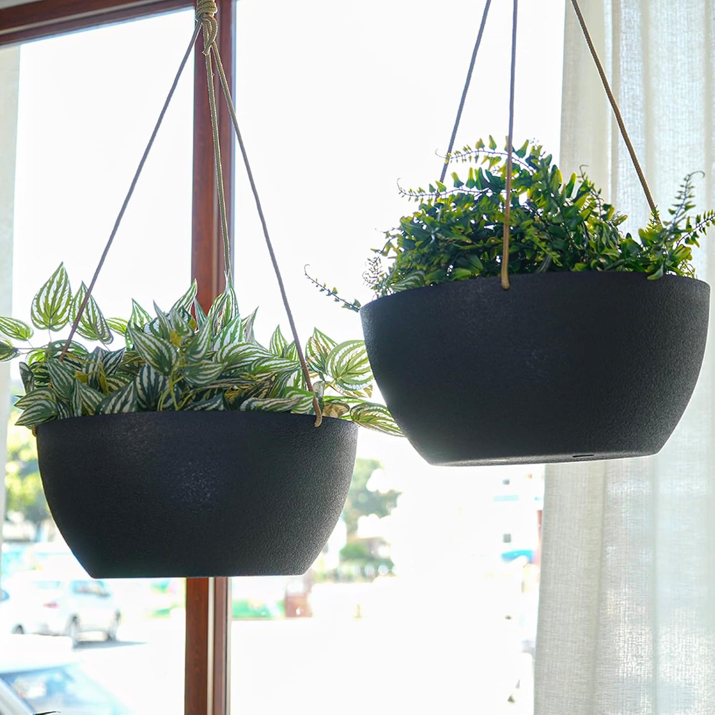 SwinDuck 13 Inch 2 Pack Large Hanging Planters for Indoor Outdoor Plants, Plastic Hanging Basket Pots for House Plants Flowers, White