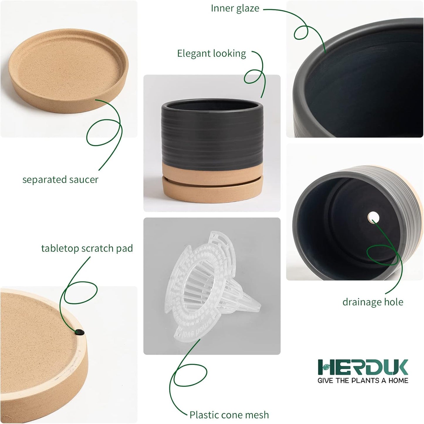 HERDUK 6 Inch Plant Pots, Ceramic Planter Pot with Drainage Hole & Saucer, Indoor/Outdoor Cylinder Round Planter Pot, Green & Beige