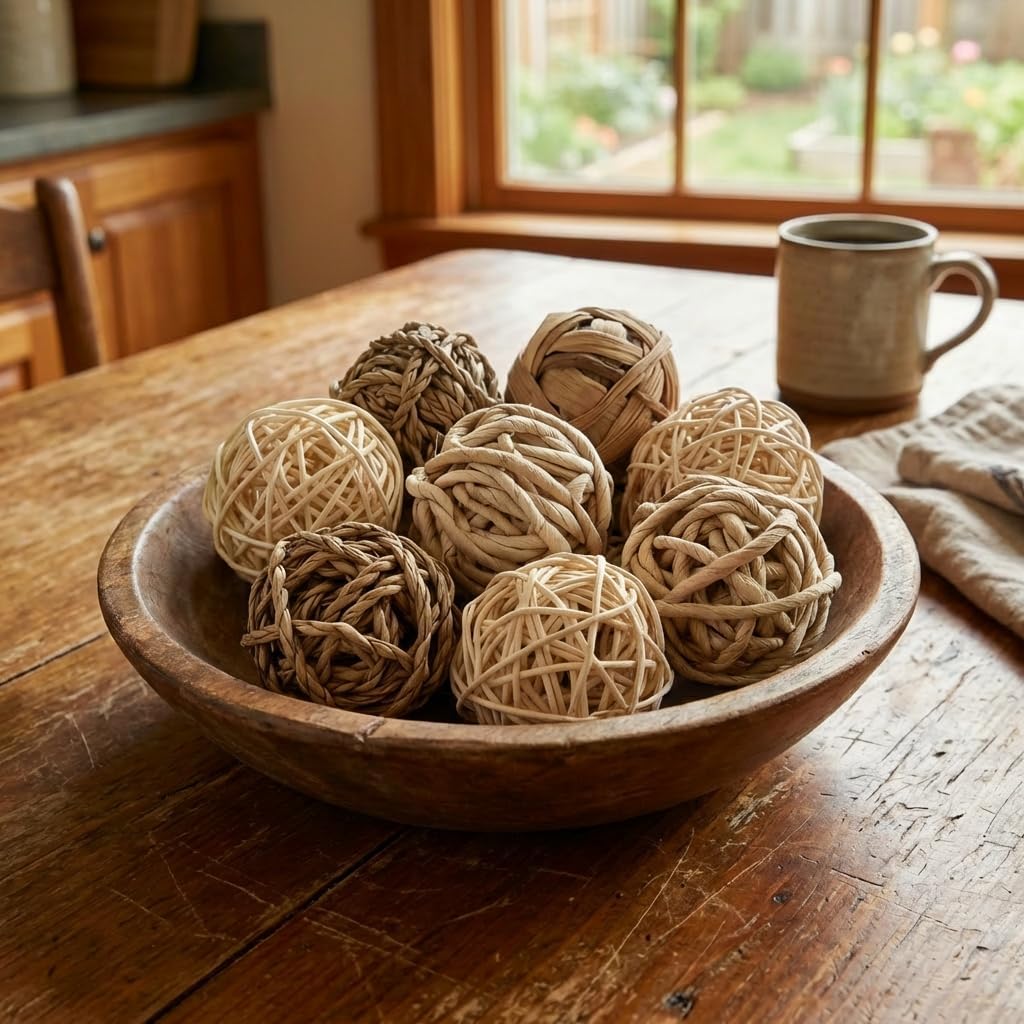 Rattan Balls for Bowl Filler Decor, 10 PCS Natural Handmade Wicker Decorative Orbs (2.8”–4.7”) for Vase, Centerpiece, Home Table & Wedding Party