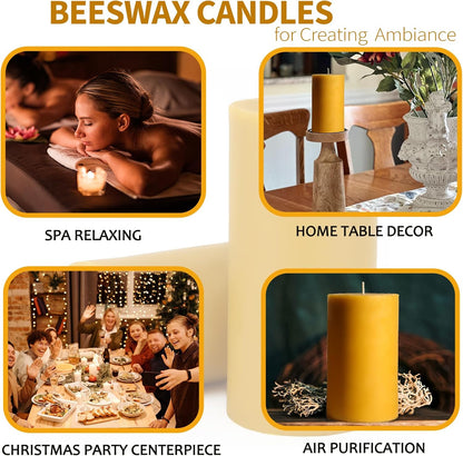 Natural Beeswax Candles 4 Packs, Beeswax Pillar Candles with 140 Hours Burn Time, Organic Emergency Candle Long Burning for Home Room, Smokeless & Dripless, 2x4 inch