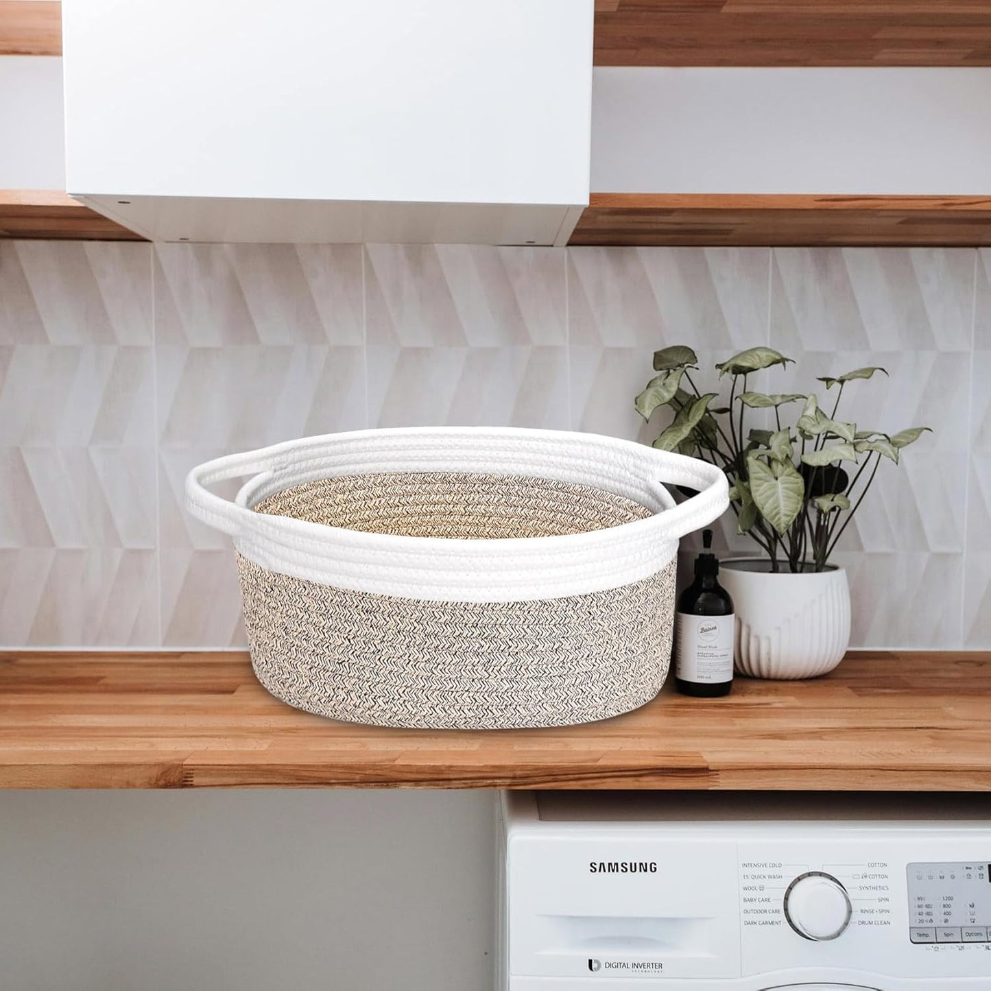 ABenkle Small Basket with Handles, Boho Decorative Rope Woven Dog Cat Toy Storage Bin Shelf Storage Organizer, Easter Christmas Gift Basket, 12"x8"x5", White