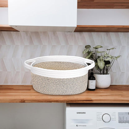 ABenkle Small Basket with Handles, Boho Decorative Rope Woven Dog Cat Toy Storage Bin Shelf Storage Organizer, Easter Christmas Gift Basket, 12"x8"x5", White