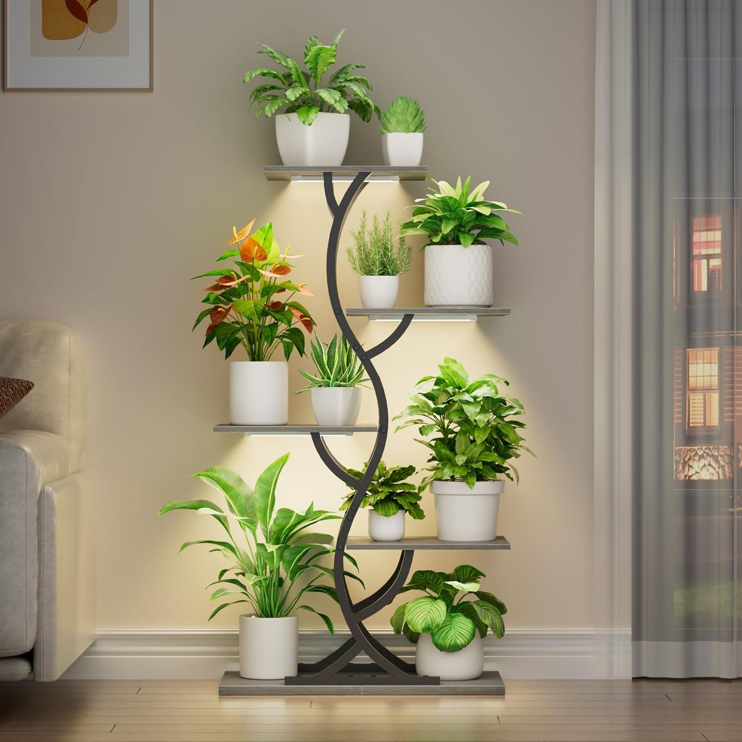Plant Stand Indoor with Grow Lights - 44" Tall Corner Plant Stands for Indoor Plants, 5 Tiered Metal Plant Shelf, Curved Plant Flower Holder Dispaly Rack for Living Room, Home Patio Balcony (Black)