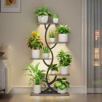 Plant Stand Indoor with Grow Lights - 44" Tall Corner Plant Stands for Indoor Plants, 5 Tiered Metal Plant Shelf, Curved Plant Flower Holder Dispaly Rack for Living Room, Home Patio Balcony (Black)