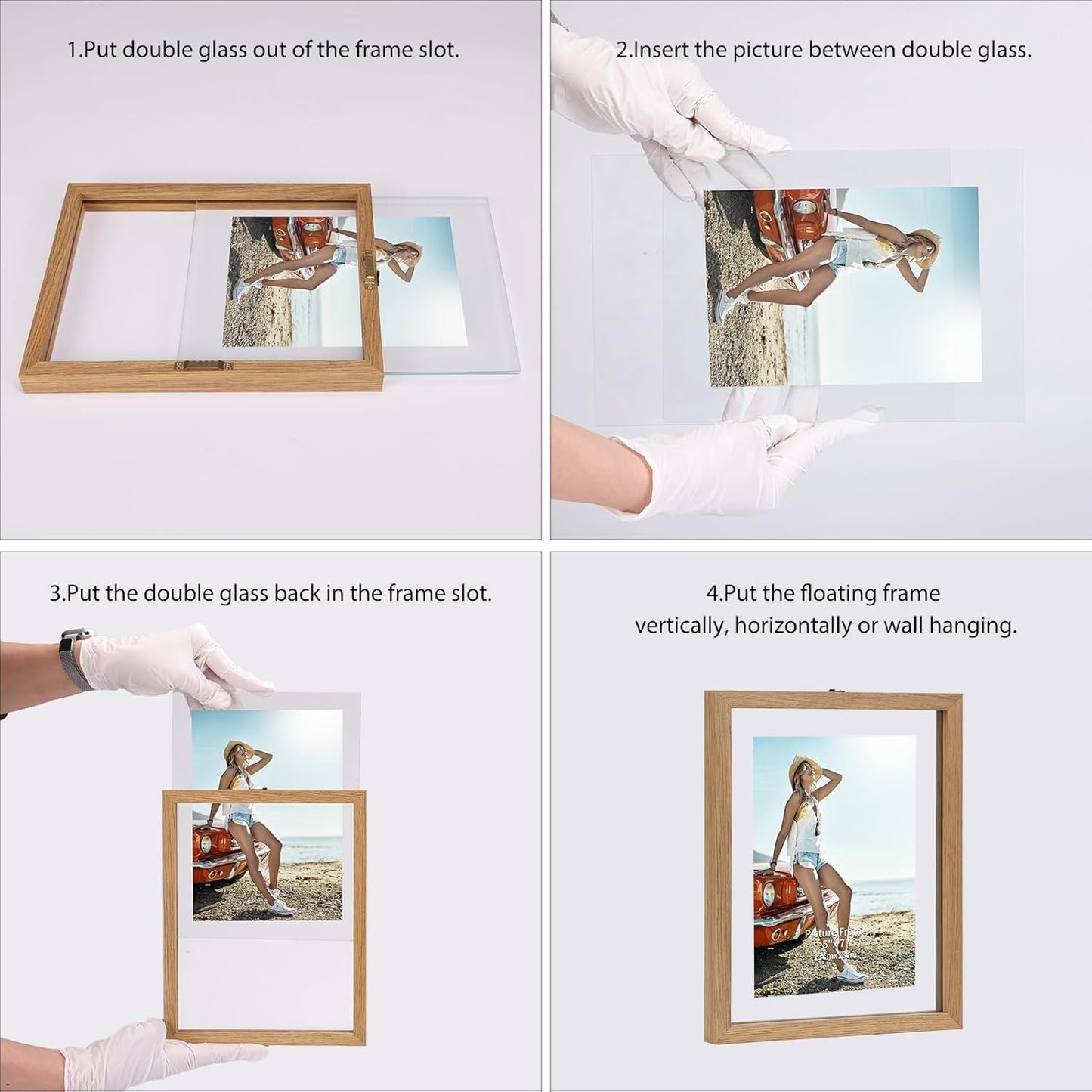 Trwcrt 4x6 Floating Picture Frames Set of 4, Double Glass Photo Frame Display up to 6 x 8 Photos for Desktop or Wall Hanging, Black