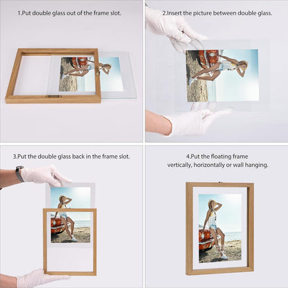 Trwcrt 4x6 Floating Picture Frames Set of 4, Double Glass Photo Frame Display up to 6 x 8 Photos for Desktop or Wall Hanging, Black