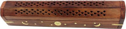 Sheesham Wood Incense Burner - Handmade Coffin Style Sun and Moon Inlay Incense Holder - Aromatherapy Room Freshener Cone Incense Stick Burner Ash Catcher - Zen Home Gift - 12x2x2 - COTTON CRAFT
