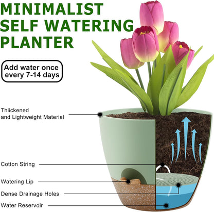 QRRICA Plant Pots 10/9/8/7.5/7 Inch Self Watering Pots, Set of 5 Plastic Planters with Drainage Holes and Saucers,Plastic Flower Pots,Nursery Planting Pot for Indoor Out Door Plants（Green）