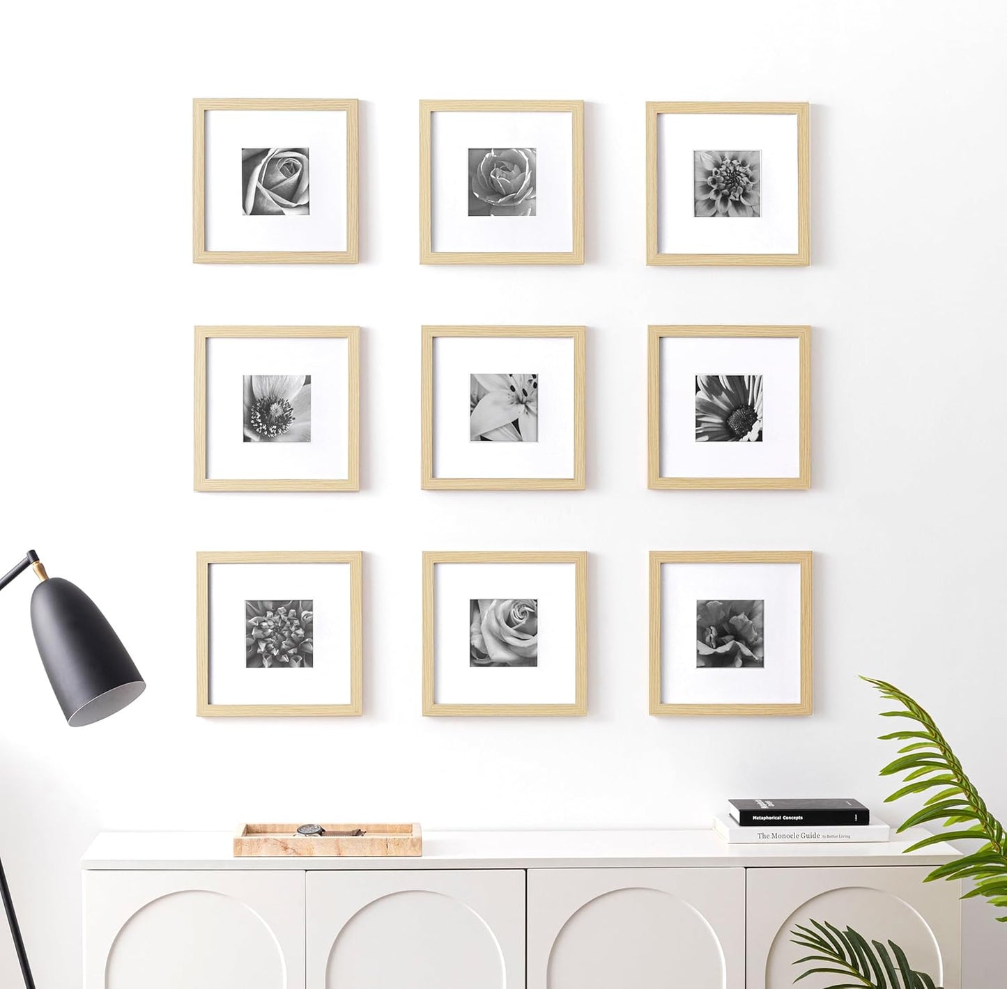 eletecpro 12x12 Picture Frames Set of 9 with Clear Acrylic Cover, Display 8x8 Photos with Mat or 12x12 Without, Classic and Sturdy Square Collage Gallery Wall Decor, Easy Wall Mount, Black