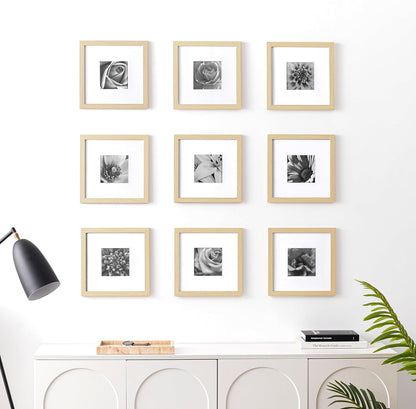 eletecpro 12x12 Picture Frames Set of 9 with Clear Acrylic Cover, Display 8x8 Photos with Mat or 12x12 Without, Classic and Sturdy Square Collage Gallery Wall Decor, Easy Wall Mount, Black