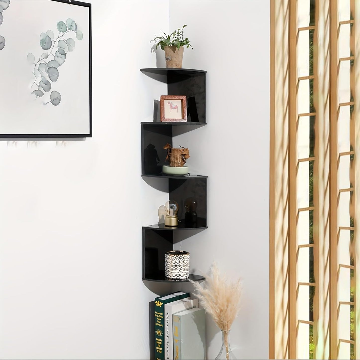 No-Drill Corner Shelf Wall Mount, 5-Tier Floating Corner Bookshelf with Hooks, Space-Saving Zigzag Plant Shelf for Bedroom, Living Room, Bathroom, Home Office