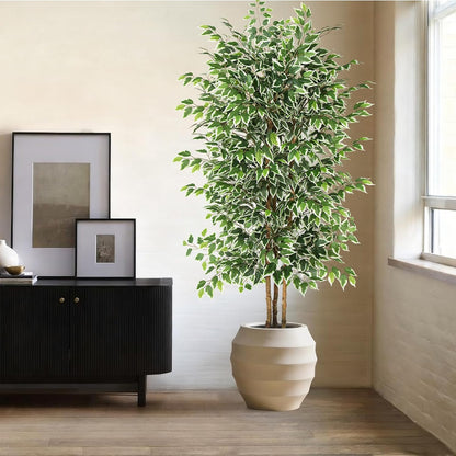 GTIDEA 6ft Artificial Tree Ficus, Tall Faux Trees Indoor with Natural Trunk and Fake Silk Tree Fake Plants for Home Spring Decor Living Room Outdoor Balcony House Office (Included Dried Moss)