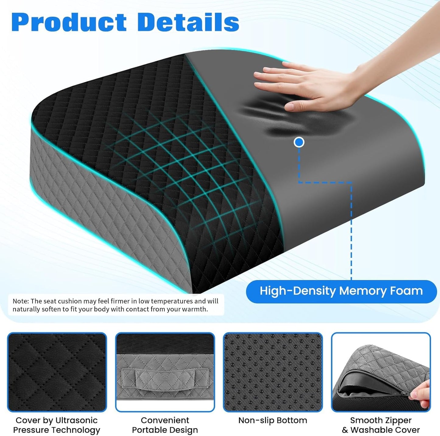Seat Cushion, Memory Foam Chair Pad for Sciatica & Hip Pain Relief, Non-Slip Cushion for Office, Home, Car, Large Desk Chair Cushion, Washable Cover & Handle, Large, Black