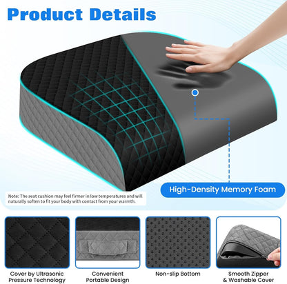 Seat Cushion, Memory Foam Chair Pad for Sciatica & Hip Pain Relief, Non-Slip Cushion for Office, Home, Car, Large Desk Chair Cushion, Washable Cover & Handle, Large, Black