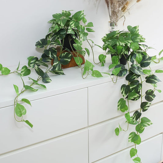 alyptus Fake Pothos Hanging Plants – 33" Set of 2 Faux Ivy Vines with Pots Realistic Silk Devil’s Ivy for Indoor Décor Low Maintenance Artificial House Plants for Home Bathroom or Office - Green