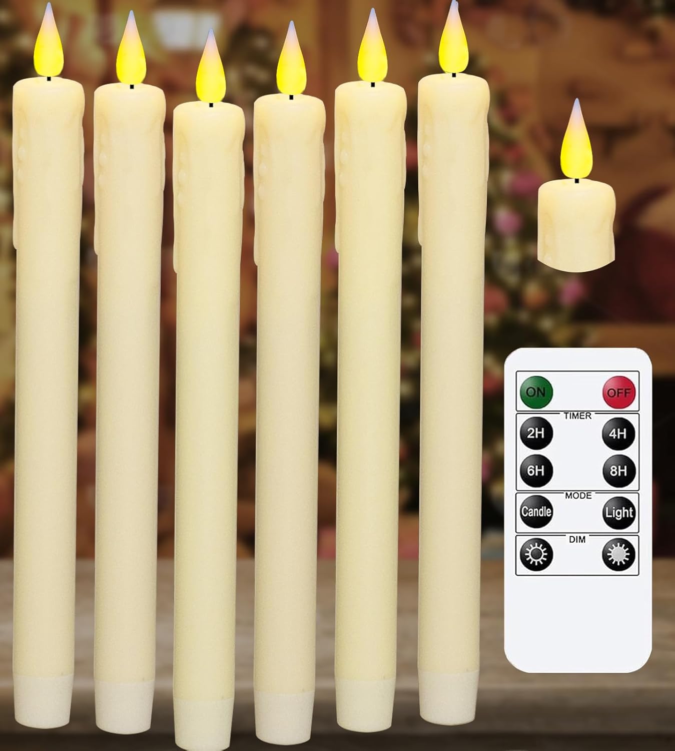 KSWING Upgraded Real Wax Short LED Flameless Taper Candles with Remote, 6 PCS White Candlesticks Battery Operated 3D Flickering - 6" Realistic Fake Candle Sticks for Home/Wedding/Fireplace Xmas Decor