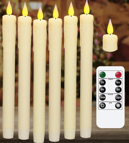 KSWING Upgraded Real Wax Short LED Flameless Taper Candles with Remote, 6 PCS White Candlesticks Battery Operated 3D Flickering - 6" Realistic Fake Candle Sticks for Home/Wedding/Fireplace Xmas Decor
