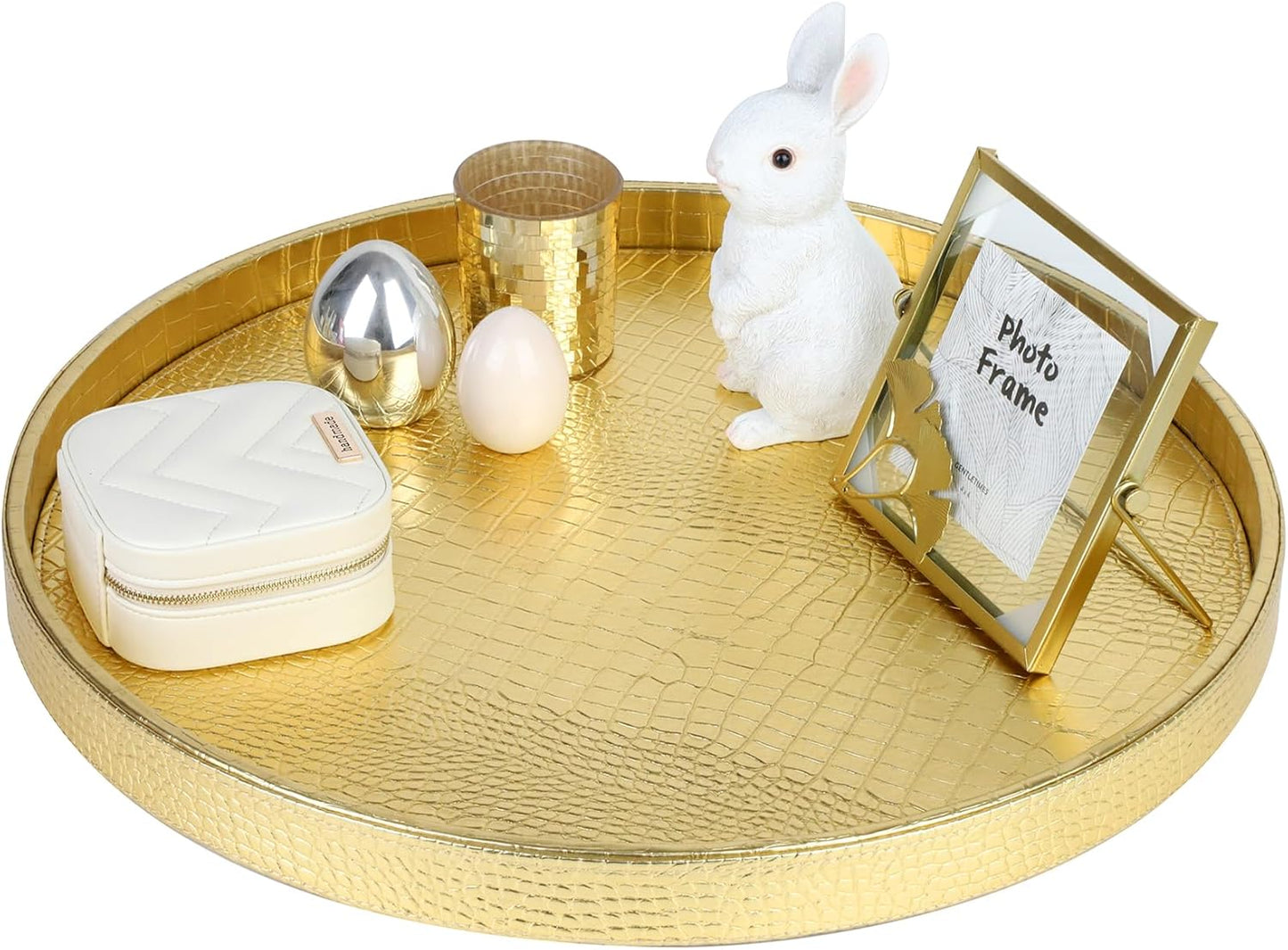 HofferRuffer Round Serving Tray 20'', Elegant Faux Leather Circle Ottoman Table Tray, Serve Tea Coffee Breakfast in Bedroom Living Room Kitchen (Brown)