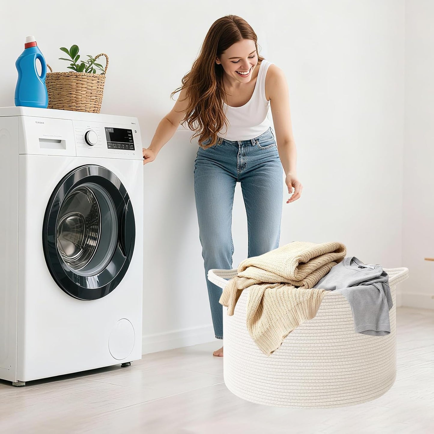 Large Woven Blanket Basket,65L Cotton Rope Laundry Basket Hamper with Handles, Decorative Nursery Basket Storage Bin for Toys, Clothes Organizer, Living Room, Bedroom, Bathroom, White & Brown