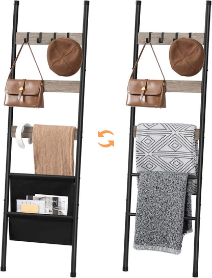 HOOBRO Blanket Ladder, 5 Tier Towel Rack, 17.3" L x 63" H, Wall-Leaning Blanket Rack for Living Room, Decorative Ladder with 4 Hooks and Magazine Pocket, Rustic Brown BF32CJ01