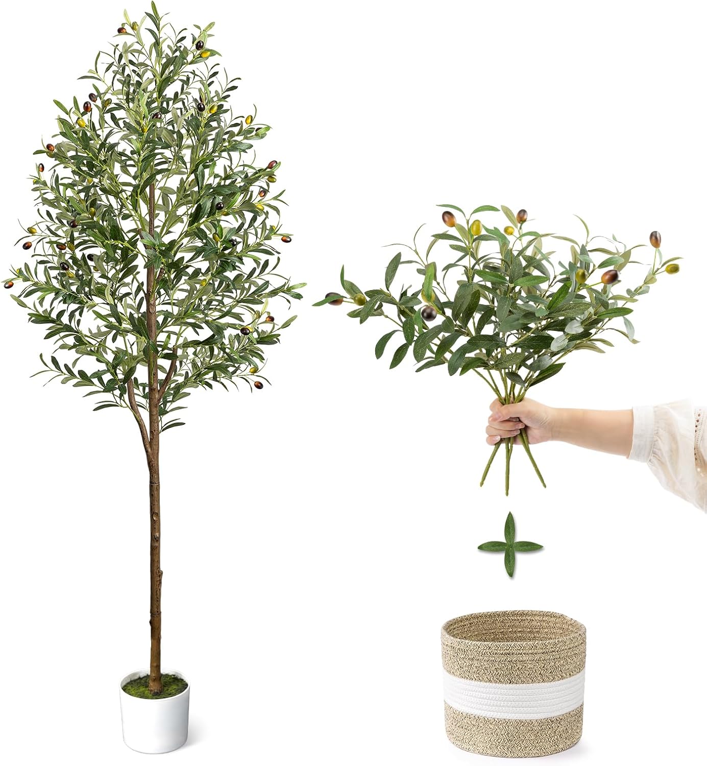 6FT Artificial Olive Tree - Indoor Tall Faux Olive Trees with Planter&Basket, Large Fake Olive Silk Tree Realistic Olive Plants with Branches and Fruits for Home Decor Office Living Room