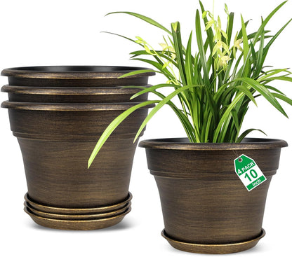 Fodetyff 10 Inch Planters Plant Pots Indoor Outdoor, 4 Pack Plastic Flower Pot for Indoor Plants with Drainage Holes & Trays, Resin Decorative Container Sets with Saucer for House Garden Copper