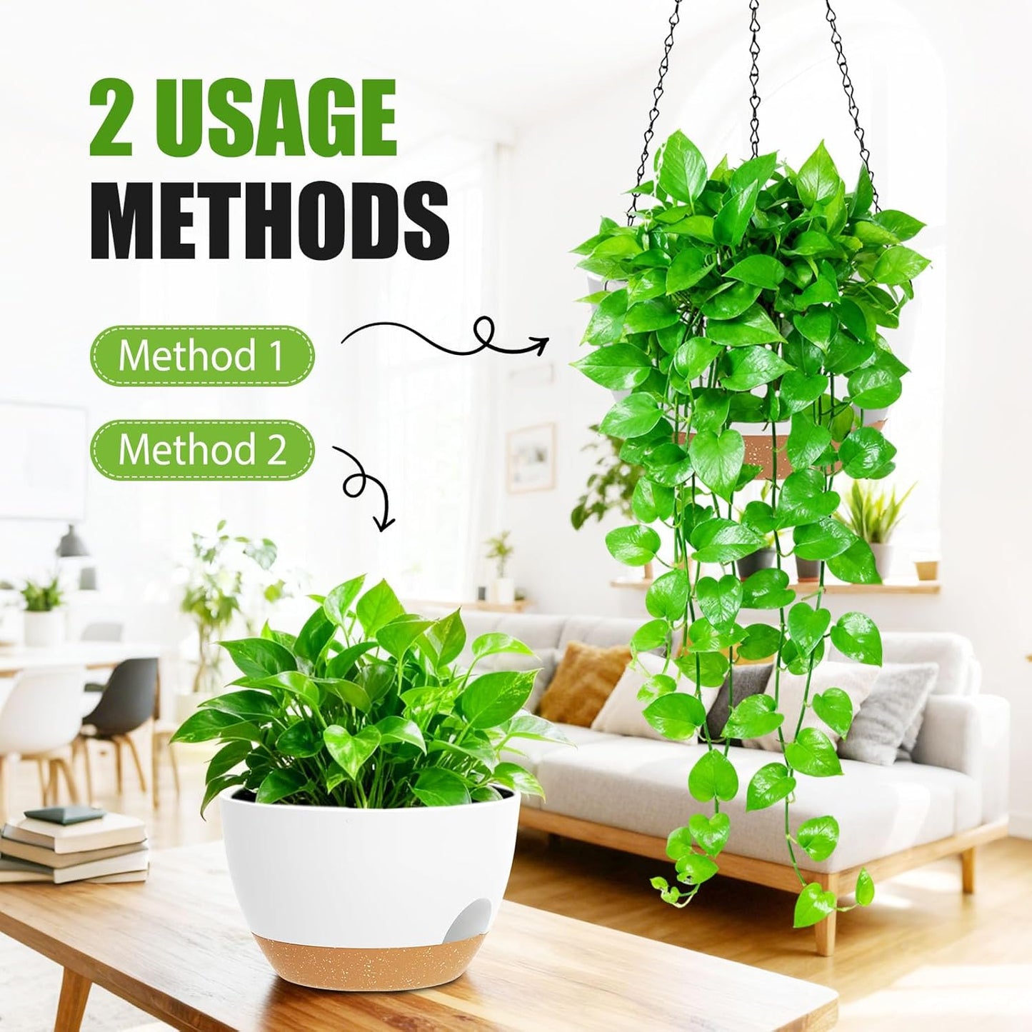 8 Inch Hanging Planters for Indoor Outdoor Plants, 4 Pack Black Plastic Self Watering Hanging Baskets with Drainage Holes and Chain for Garden Porch