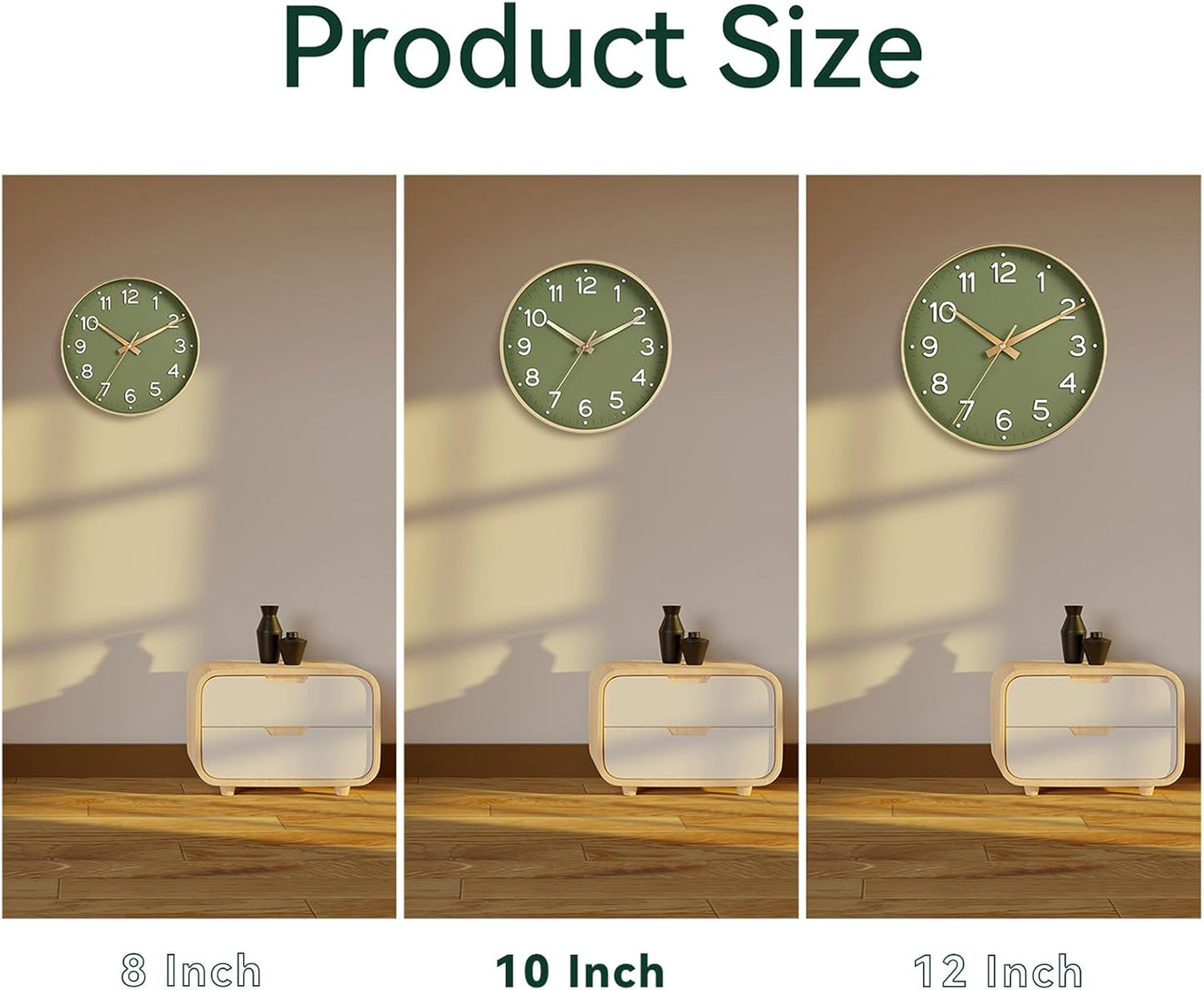 Roymnie Wall Clock Green, Silent Wall Clocks Battery Operated 8 Inch-Modern Non Ticking Analog Clock Decorative for Kitchen Office Bathroom Bedroom(Gold)