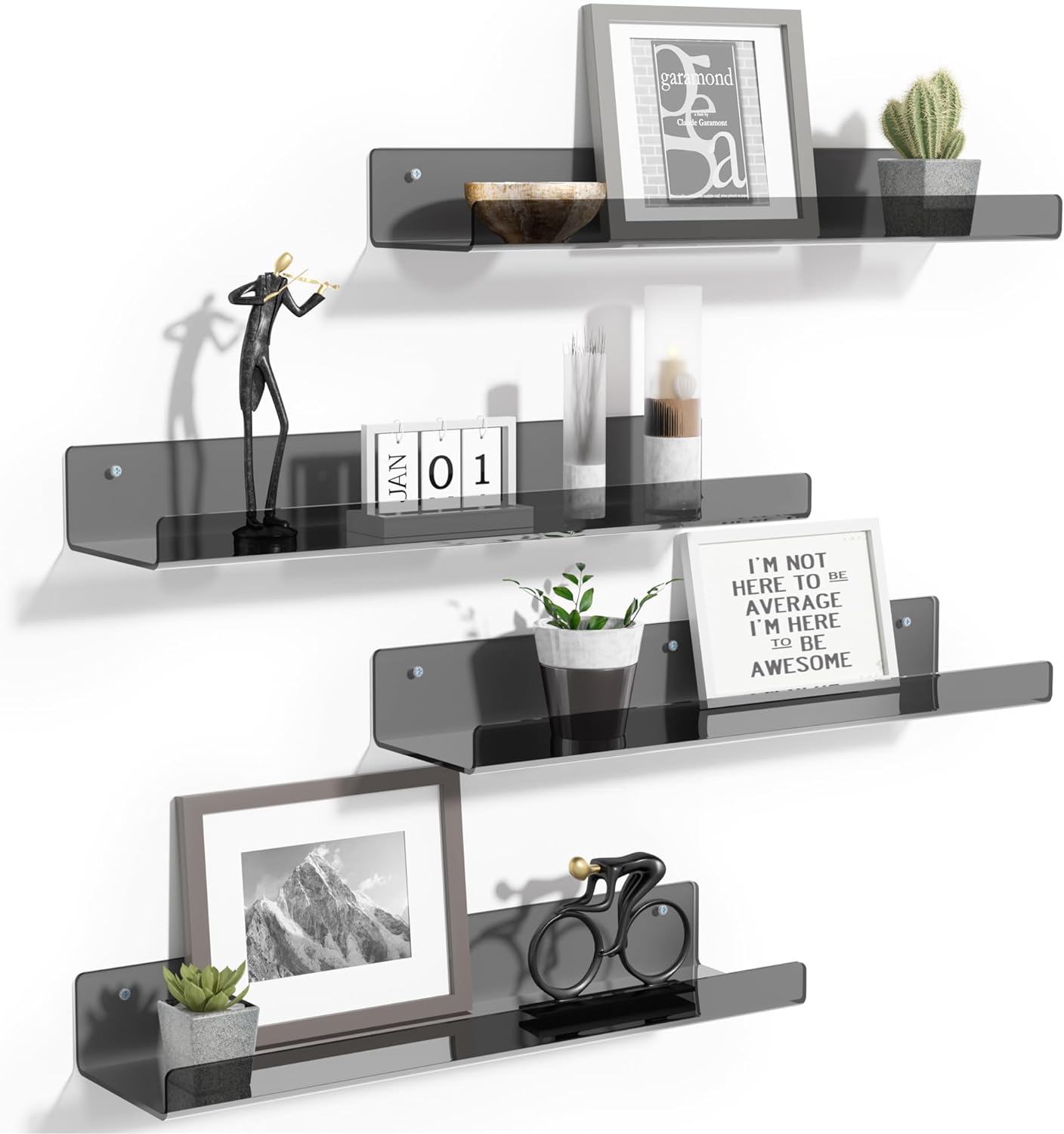 upsimples Acrylic Shelves for Bathroom Storage, 15" Floating Shelves Wall Organizer for Perfume, Make up, Skincare, Kids Bookshelf for Bedroom, Nursery, Living Room Decor, Clear, 4 Pack