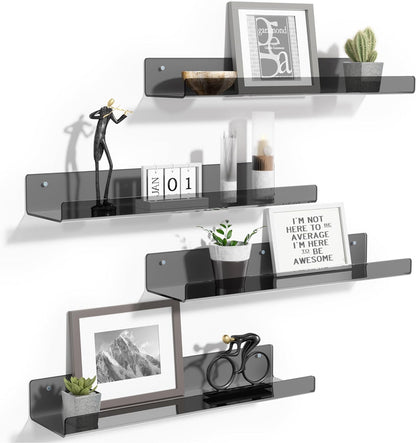 upsimples Acrylic Shelves for Bathroom Storage, 15" Floating Shelves Wall Organizer for Perfume, Make up, Skincare, Kids Bookshelf for Bedroom, Nursery, Living Room Decor, Clear, 4 Pack